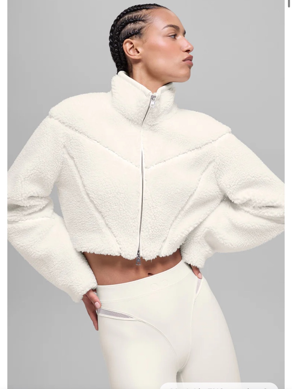 ALO Yoga Cropped White Sherpa Bomber Jacket
